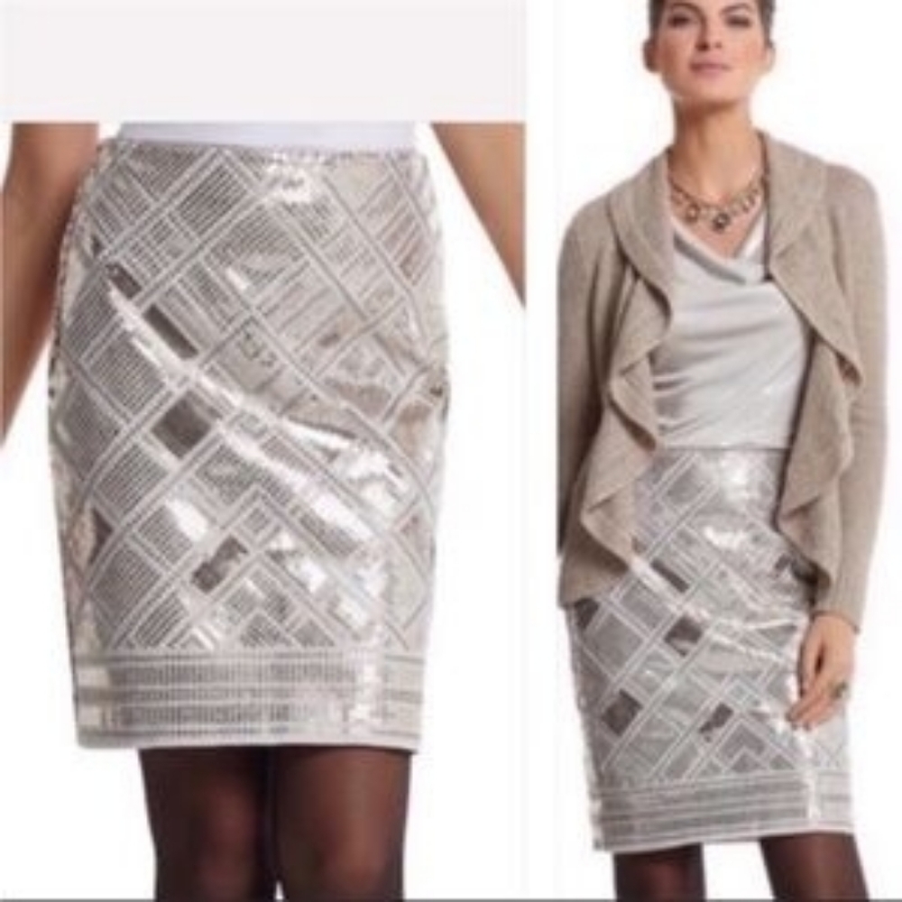 WHITE HOUSE BLACK MARKET Y3K party glam Sequin Beige Gold Pencil Mini Skirt